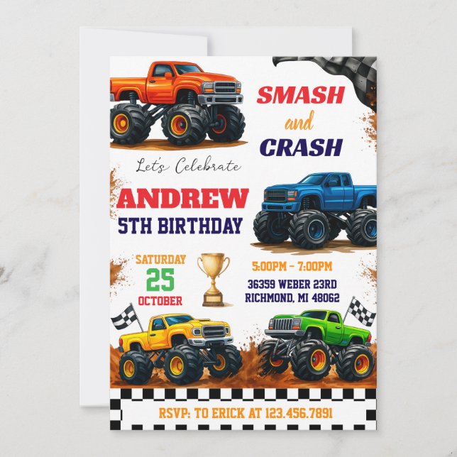 Maßgeschneidertes modernes Monster Truck Kids Part Einladung (Vorderseite)