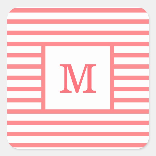 Maßgeschneidertes Monogramm für Korallenrot und We Quadratischer Aufkleber (Vorderseite)