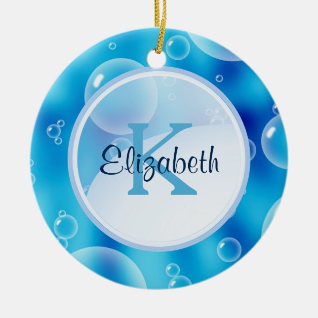 Maßgeschneidertes Monogramm für Whimsical Blue Bub Keramikornament (Vorne)