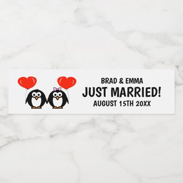 Maßgeschneidertes Pinguin-Cartoon-Hochzeitspaar (Einzelnes Label)
