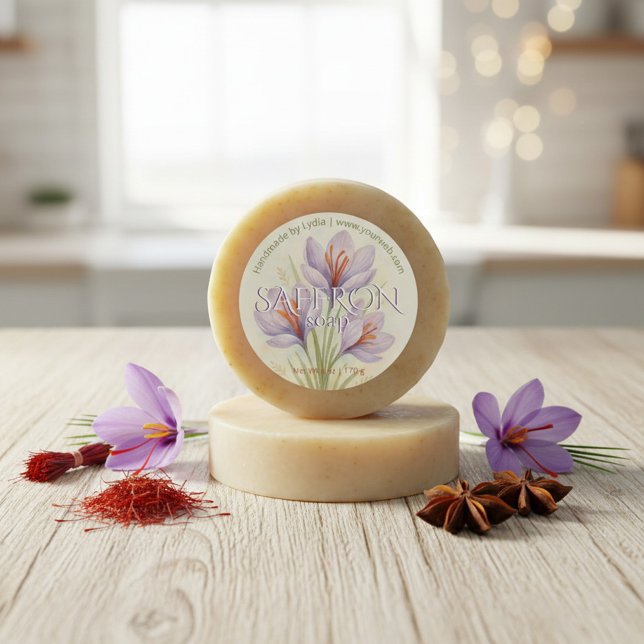 Maßgeschneidertes Safran Seife Aquarell Blumengesc Runder Aufkleber (Von Creator hochgeladen)