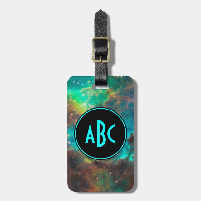 Maßgeschneidertes Schwarz-Aqua-Monogramm mit drei  Gepäckanhänger (Vorderseite vertikal)