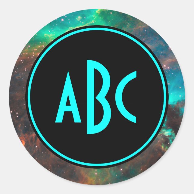 Maßgeschneidertes Schwarz-Aqua-Monogramm mit drei  Runder Aufkleber (Vorderseite)