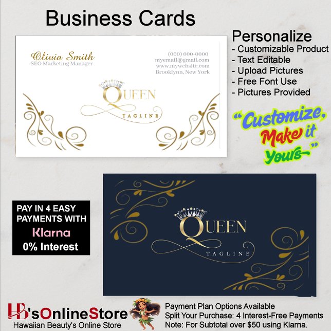 Maßgeschneidertes Vorlage für die Kronenkönigin 11 Visitenkarte (Customizable Elegant Crown Queen Template Business Card 11.)