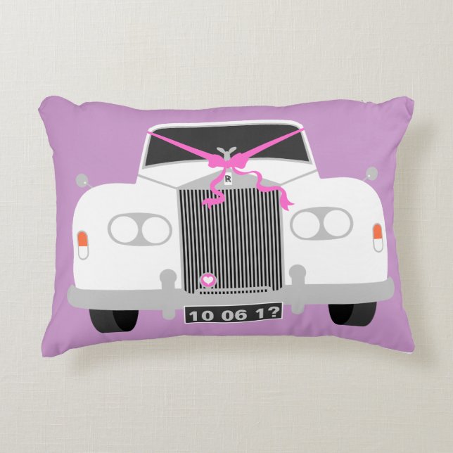 Maßgeschneidertes weißes Hochzeitlimousine-Datum Zierkissen (Vorderseite)