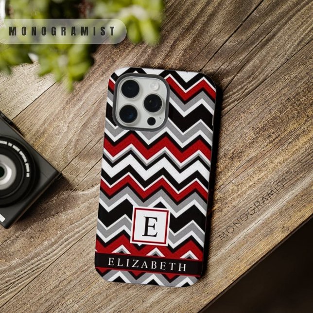 Maßgeschneidertes Zickzack Muster in Weiß-Rot-Grau iPhone 15 Pro Max Hülle (Customizable White Black Red Grey Chevron Pattern iPhone Case)