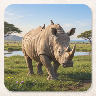 Massives Nashorn, das die offenen Savannenebenen d Rechteckiger Pappuntersetzer