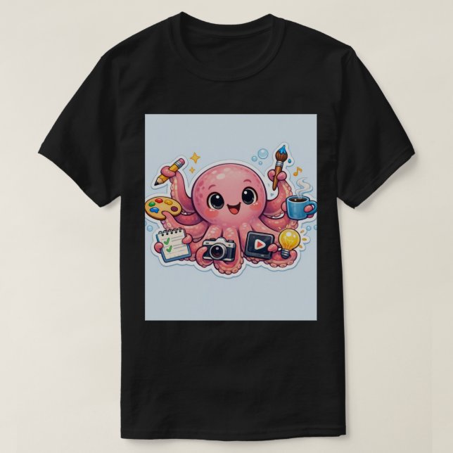 Master of Multitasking: Creative Octopus Sticker T-Shirt (Design vorne)