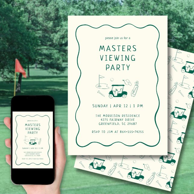 Masters Golf Viewing Watch Party Hand Drawn Green Einladung (Clean, modern layout with hand-drawn golf details.)
