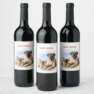 Mastiff englische Dogge mit Kind im Urlaub Weinetikett