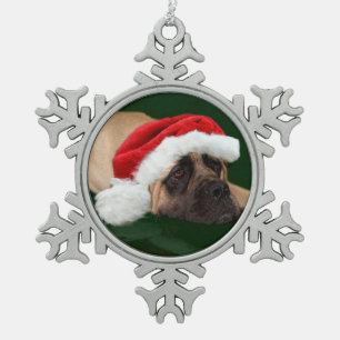 Mastiff in einer Weihnachtsmannmütze Schneeflocken Zinn-Ornament