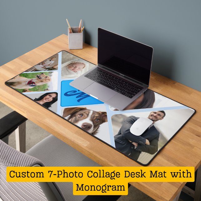 Mat de bureau de 7 photos avec monogramme personna (Custom 7-Photo Collage Desk Mat with Monogram)