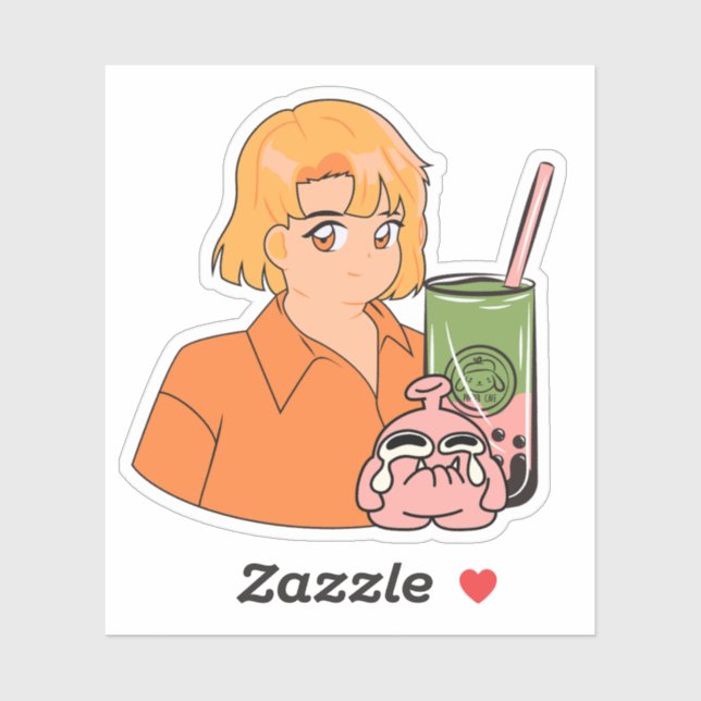 Matcha Bubble Tea Zeit – Ästhetisches Orange Anime Aufkleber (Blatt)