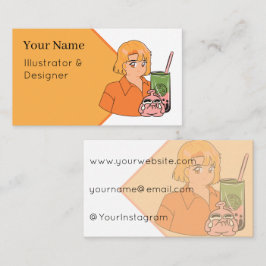 Matcha Bubble Tea Zeit – Ästhetisches Orange Anime Visitenkarte