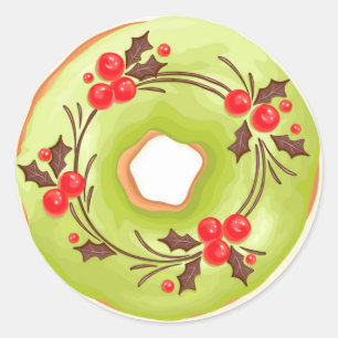 Matcha-Donuts mit Stechpalmen-Weihnachten Runder Aufkleber