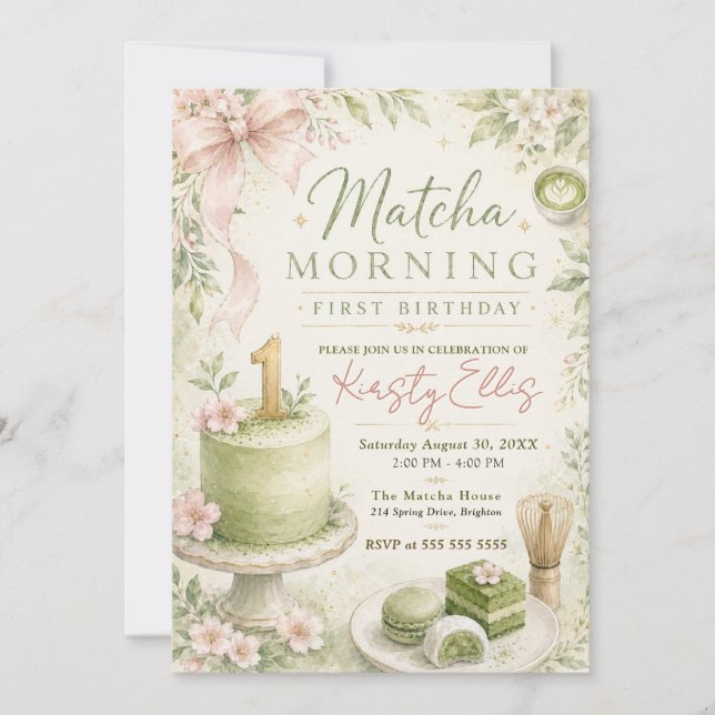 Matcha Morgen Erster Geburtstag Einladung (Vorderseite)