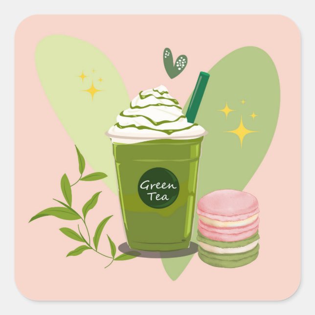 Matcha und Macarons Quadratischer Aufkleber (Vorderseite)