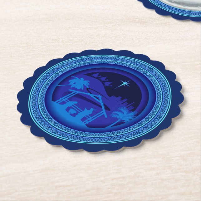 Matching Blue Nativity Weihnachten Scalloped Round Untersetzer (angewinkelt)