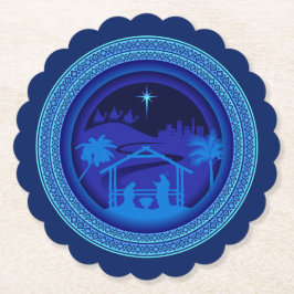 Matching Blue Nativity Weihnachten Scalloped Round Untersetzer