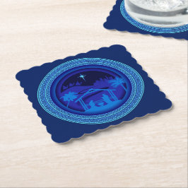 Matching Blue Nativity Weihnachts Scalloped Square Untersetzer