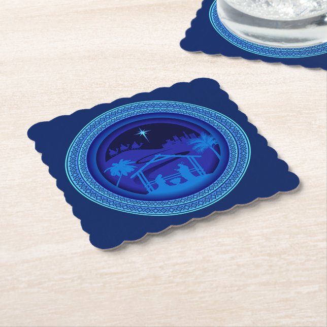 Matching Blue Nativity Weihnachts Scalloped Square Untersetzer (angewinkelt)