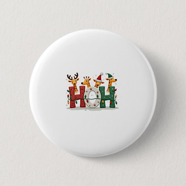 Matching Christmas Santa Hat Ho Ho Ho Giraffe Anim Button (Vorderseite)