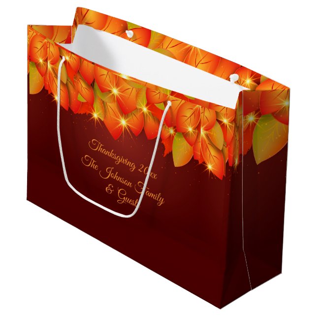 Matching Erntedank Orange Leaf Name Year Large Große Geschenktüte (Vorderseite Schrägansicht)