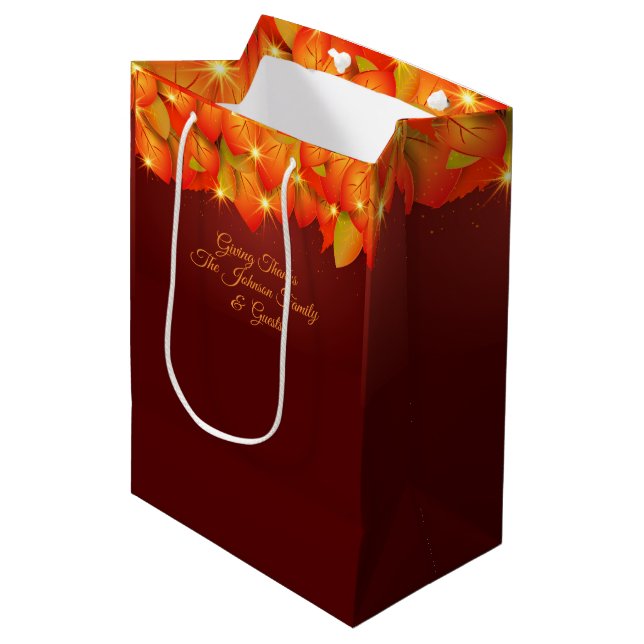 Matching Erntedank Orange Leaf Name Year Medium Mittlere Geschenktüte (Vorderseite Schrägansicht)