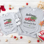 Matching Family Vintage Christmas Tree Farm Truck Sweatshirt<br><div class="desc">Dieses festliche personalisierte passende "[Familienname] Weihnachtsbaumfarm" helles, gemütliches Sweatshirt in rot, schwarz, grün, mit einem trendigen Urlaubskraftwagen in Aquarellfarbe Vintag mit einem immergrünen Baum in der Hecktür und schwarz-weißem Büffel Karo Muster Decke Akzent. Wir haben die beruhigenden, sanften Schattierungen von Weihnachtsrot, Salbei / Waldgrün und Schwarz ausgewählt, um ein farmhouse...</div>