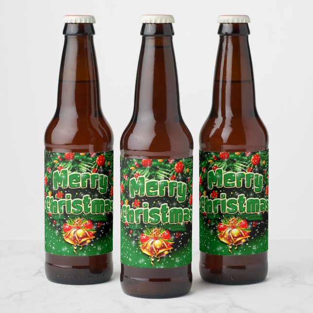 Matching Green Merry Christmas Gold Bells Bierflaschenetikett (Flaschen)
