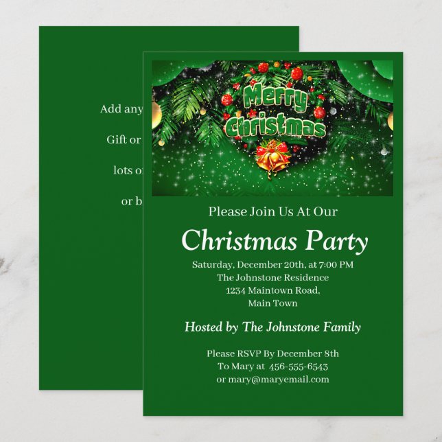 Matching Green Merry Christmas Gold Bells Einladung (Vorne/Hinten)