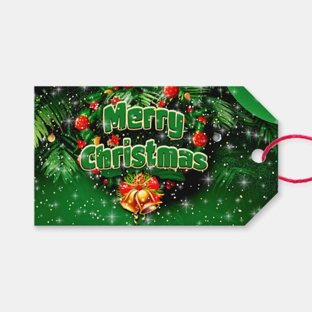 Matching Green Merry Christmas Gold Bells Geschenkanhänger (Vorderseite (Horizontal))