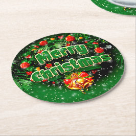 Matching Green Merry Christmas Gold Bells Runder Pappuntersetzer