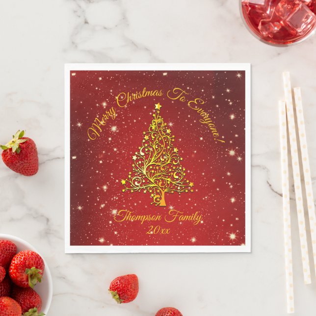 Matching Set Christmas Red Gold Tree Name Luncheon Serviette (Beispiel)