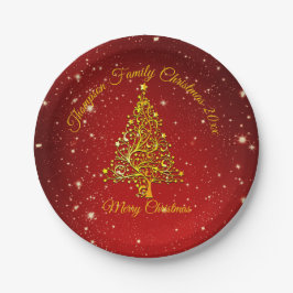 Matching Set Christmas Red Gold Tree Stars Name 7" Pappteller