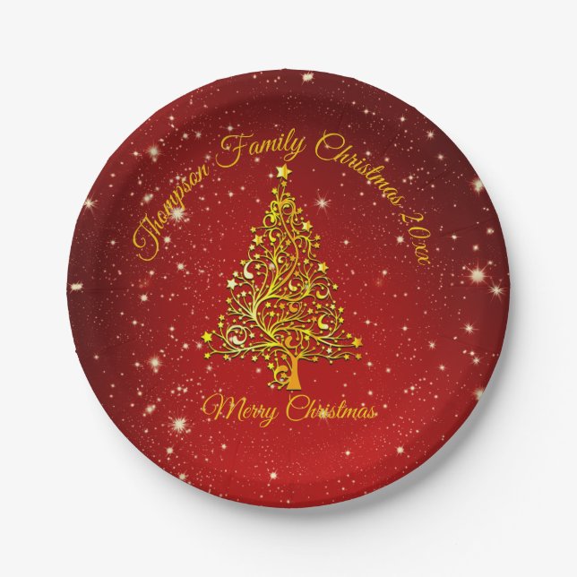 Matching Set Christmas Red Gold Tree Stars Name 7" Pappteller (Vorderseite)