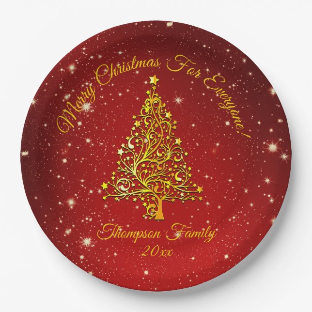 Matching Set Christmas Red Gold Tree Stars Name 9" Pappteller (Vorderseite)