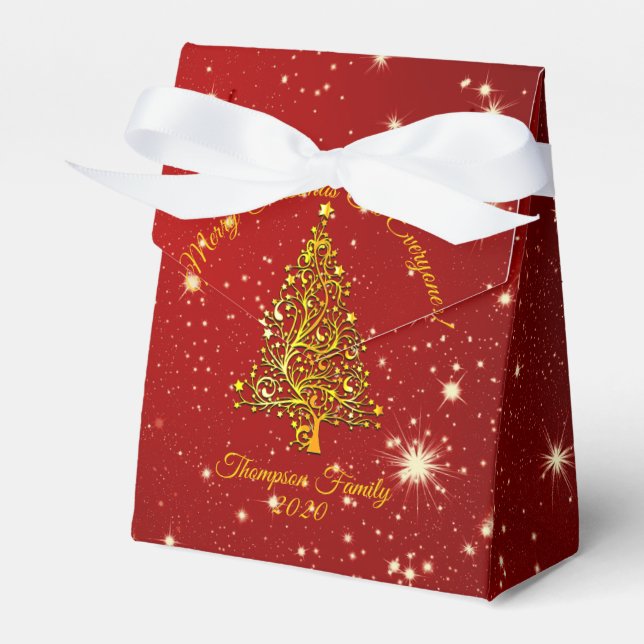 Matching Set Christmas Red Gold Tree Stars Name Geschenkschachtel (Vorderseite)