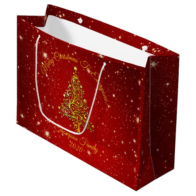 Matching Set Christmas Red Gold Tree Stars Name Große Geschenktüte (Vorderseite Schrägansicht)