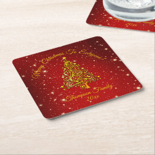 Matching Set Christmas Red Gold Tree Stars Name Sq Rechteckiger Pappuntersetzer