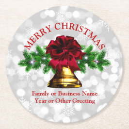 Matching Set Gold Bell Red Bow Weihnachten Runder Pappuntersetzer