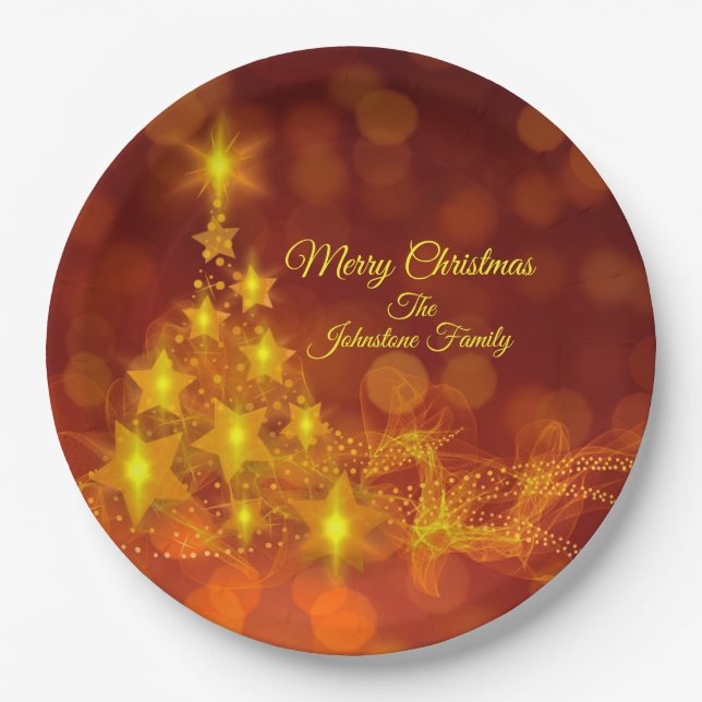 Matching Set Gold Stars Tree Change Name 9" Pappteller (Vorderseite)