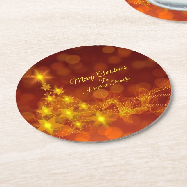 Matching Set Gold Stars Tree Change Name Runder Pappuntersetzer (Angewinkelt)