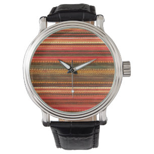 Material Textil Streifen Rot Orange und Grün Armbanduhr