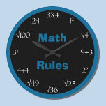 Math Problem Ordroom Clock - Math Rules Große Wanduhr<br><div class="desc">Looking for a math problem clock? This great math wall clock feys the words "Math Rules" in blue on black background in the center with a coordinating blue border. The numbers on the clock are printed in white and there are math problems which must be solved in order to know...</div>