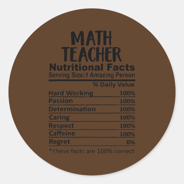 Math Teacher Nutrition Facts Runder Aufkleber (Vorderseite)