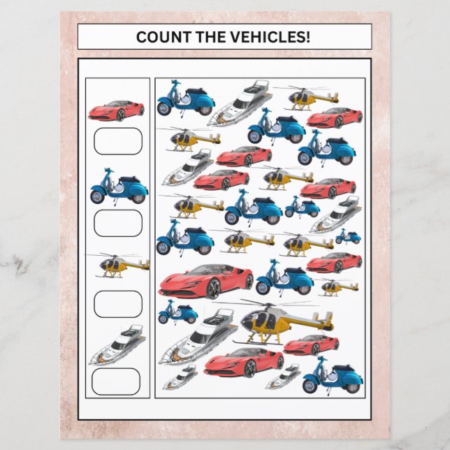 Math Worksheet Count the Vehicles & Animals Kids (Vorderseite)