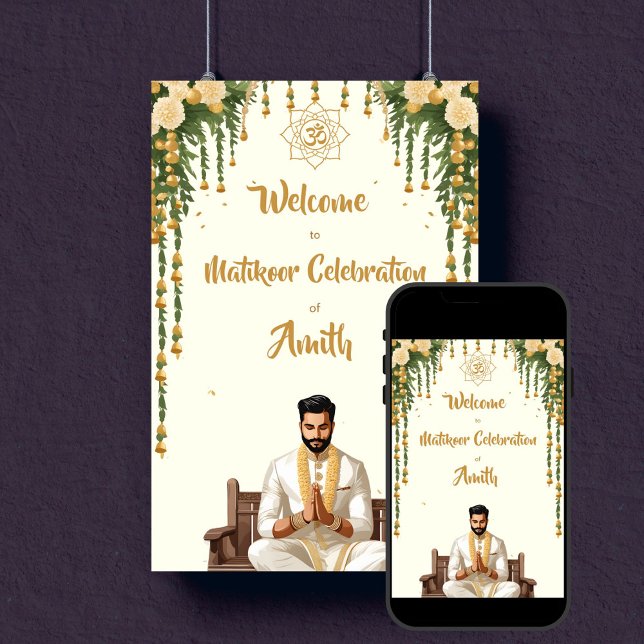 Matikoor Haldi indische Hochzeitsgrotten Begrüßung Poster (Matikoor Haldi Indian wedding grooms editable template welcome sign poster digital download gold)