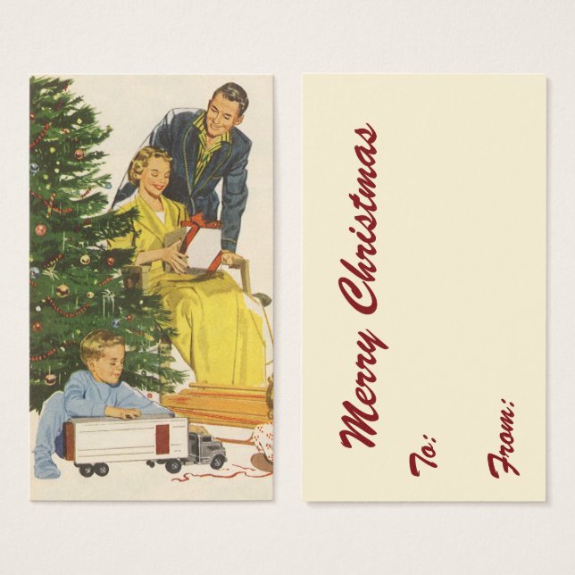Matin de Noël vintage, famille ouvrant des cadeaux (Devant & derrière)