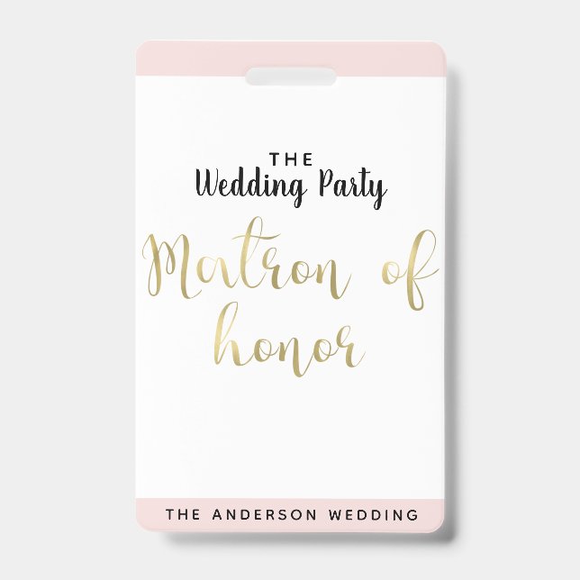 Matron d'honneur Gold Wedding Party VIP Pass Badge (Front)